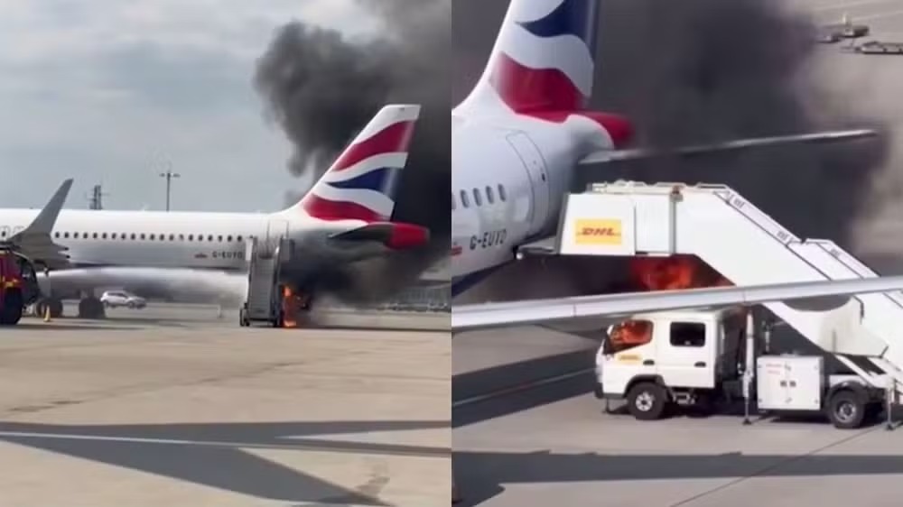 Veículo pega fogo ao lado de avião em aeroporto de Londres